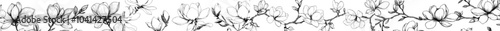 A magnolia with seamless patterns, black flowers and leaves, and a hand-drawn outline