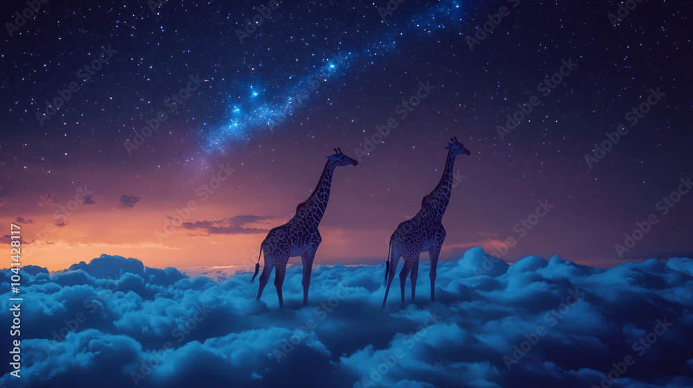 Giraffes walking on clouds, their necks stretching up to reach the stars in a twilight sky Giraffes walking on clouds, their necks stretching up to reach the stars in a twilight sky