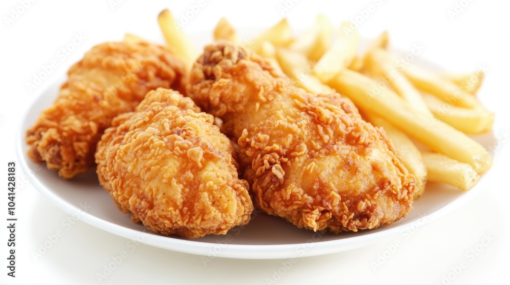 Three golden brown fried chicken pieces sit on a white plate alongside crispy french fries all against a clean white backdrop