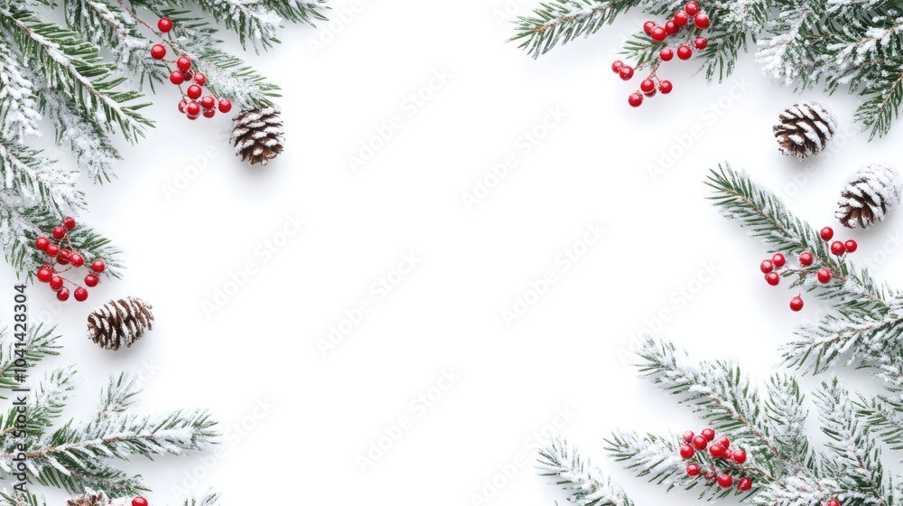 Festive border frame featuring green fir branches adorned with red berries and cones blanketed in snow isolated on a white background providing ample copy space Festive border frame featuring green fir branches adorned with red berries and cones blanketed in snow isolated on a white background providing ample copy space