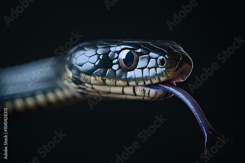 A detailed close-up of a snake's head with its tongue extended against a black background. photo