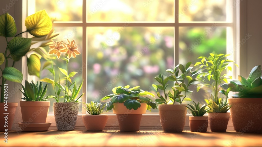 Brightly lit windowsill adorned with an assortment of potted houseplants Brightly lit windowsill adorned with an assortment of potted houseplants