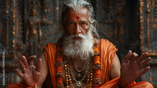 Portrait of a reverent Hindu priest in an ornate temple interior,wearing ceremonial robes and holding sacred ritual artifacts,engaged in spiritual practice and devotion.