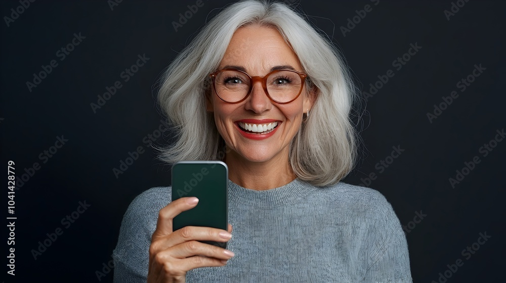 Cheerful mature female senior citizen celebrating joyfully while holding her smartphone excited expression after reading a winning message or announcement Cheerful mature female senior citizen celebrating joyfully while holding her smartphone excited expression after reading a winning message or announcement