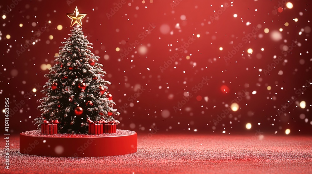 Obraz premium Christmas background with Christmas tree with empty red podium for product