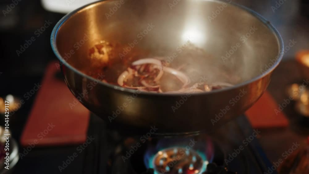 Chef cook prepares onions with spices in a frying pan. Concept of seasoning meat. Onions frying on fire 4k