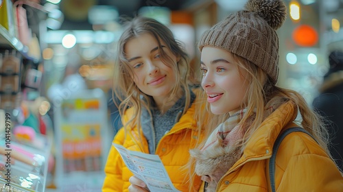 Two young women in yellow jackets enjoying a day out, looking at a brochure.