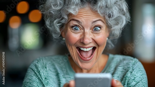 Enthusiastic senior female rejoicing and expressing joy after receiving a winning notification on her smartphone elated and triumphant in a chic and modern home interior