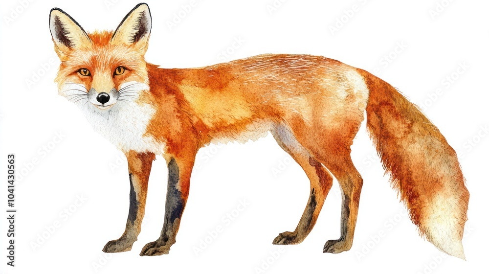Obraz premium Watercolor painting of a red fox standing on a white background. (1)