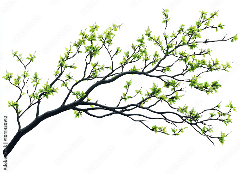 A single tree branch with newly sprouted leaves against a white background. A single tree branch with newly sprouted leaves against a white background.