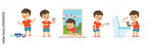 Funny Little Boy Character Playing Game and Making Mess Vector Set