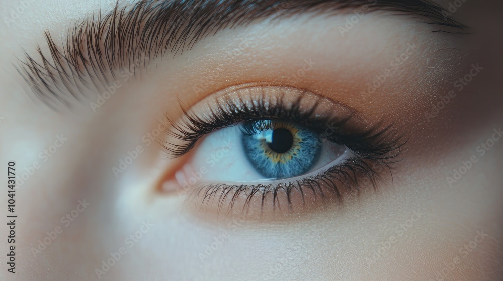 Close-up macro of a woman's eye with delicate natural makeup, showcasing detailed lashes, soft brows, and vibrant eye color. Close-up macro of a woman's eye with delicate natural makeup, showcasing detailed lashes, soft brows, and vibrant eye color.