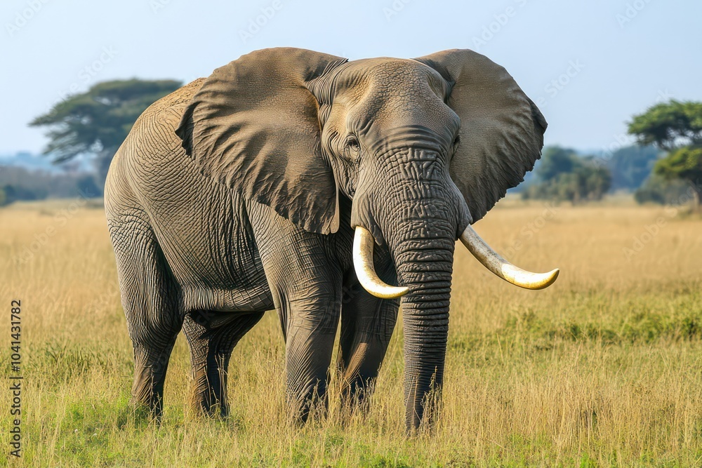 Fototapeta premium Majestic elephant bull displaying its impressive tusks.