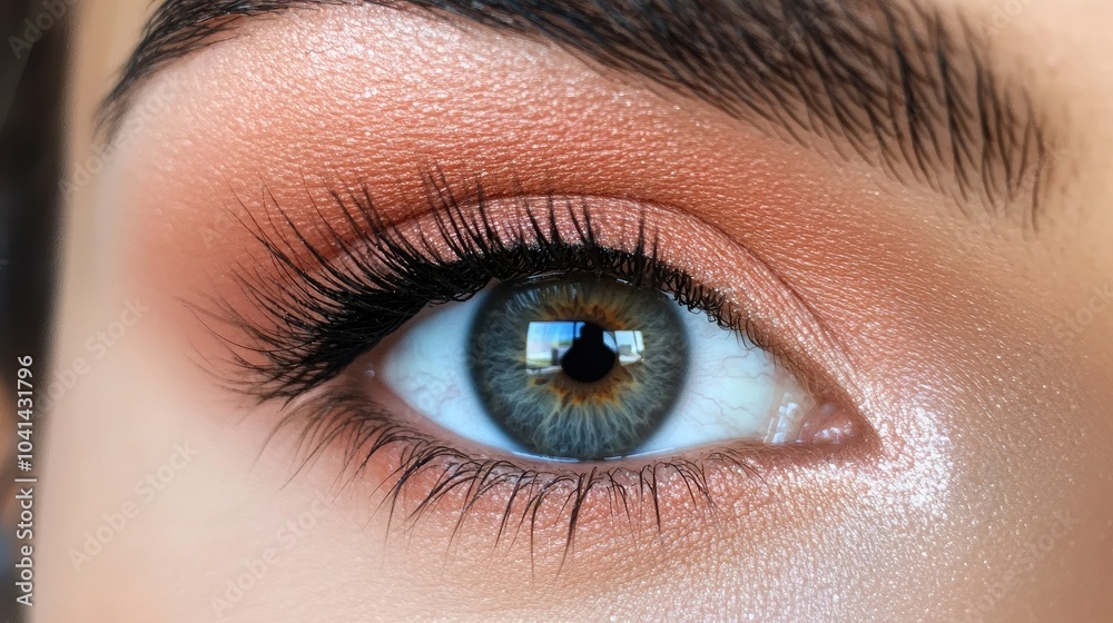 Fototapeta premium Close-up macro of a woman's eye with delicate natural makeup, showcasing detailed lashes, soft brows, and vibrant eye color.