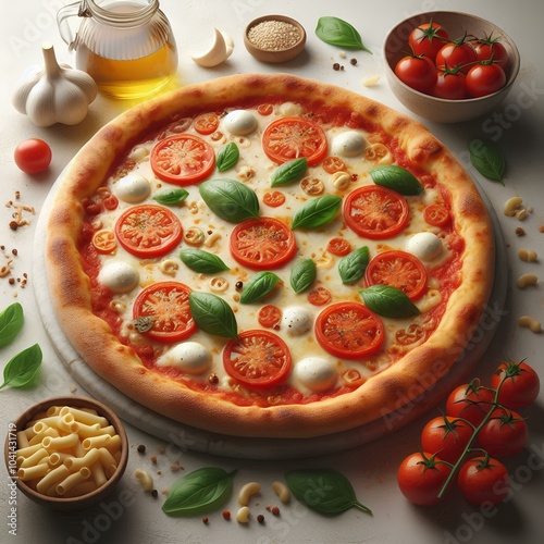 ayful realistic of margherita pizza on a light. photo