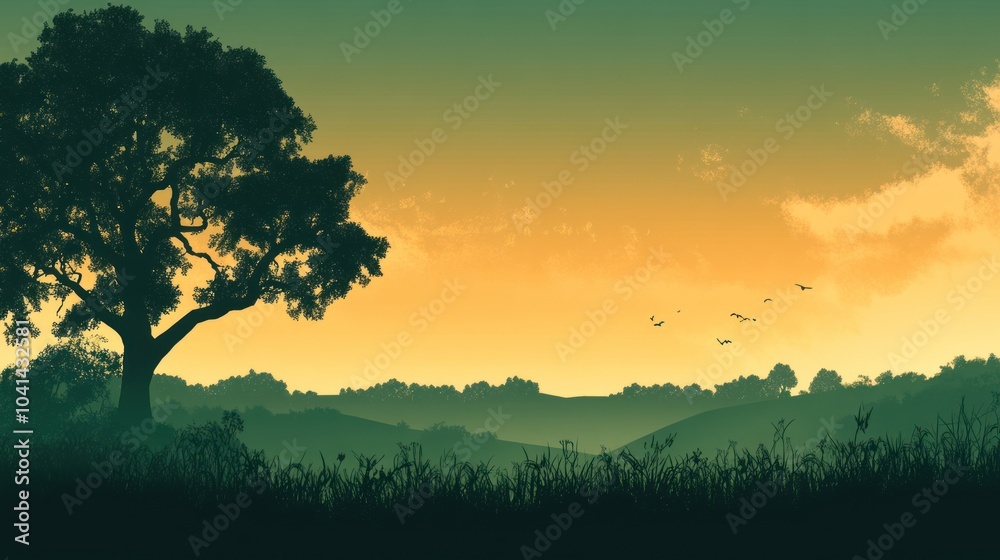 Fototapeta premium A silhouette of a tree with rolling hills and birds in flight against a colorful sunset.
