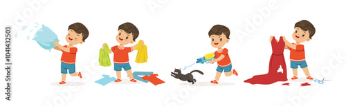 Funny Little Boy Character Playing Game and Making Mess Vector Set
