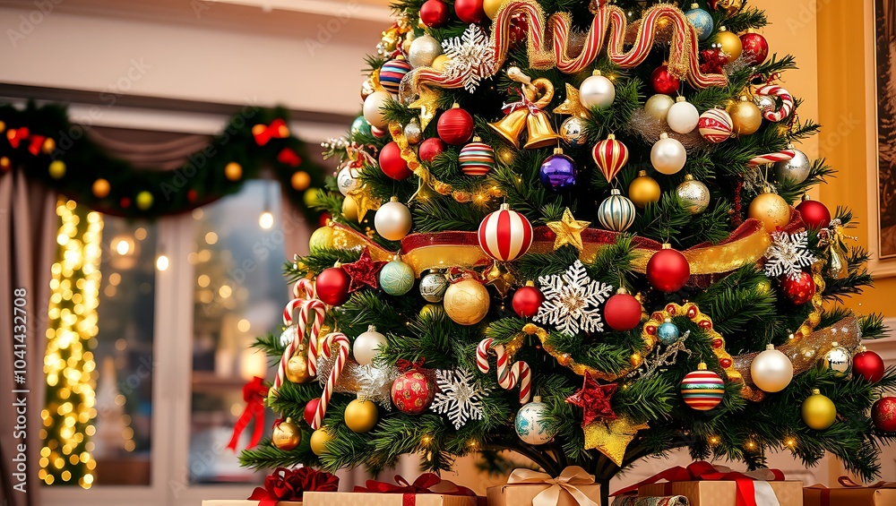 Naklejka premium Christmas Decoration with ornaments and the Christmas tree