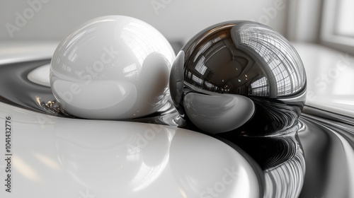 Two shiny spheres, one white and one black, are reflected in a mirror