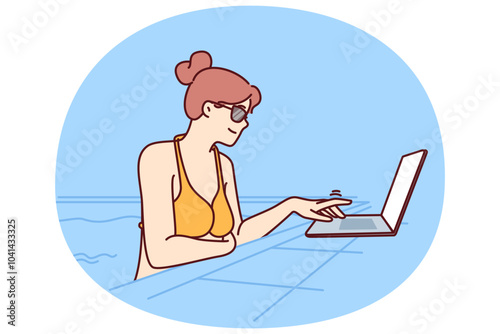 Woman freelancer is swimming in pool and using laptop while doing work over internet. Girl in bikini is using computer while working as freelancer and relaxing on vacation at same time.