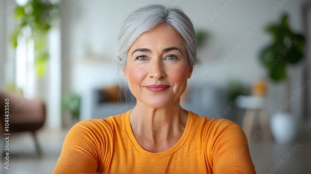 Fit middle aged woman performing a leg stretch while a laptop on the floor displays a digital workout tutorial in a clean contemporary home interior Fit middle aged woman performing a leg stretch while a laptop on the floor displays a digital workout tutorial in a clean contemporary home interior