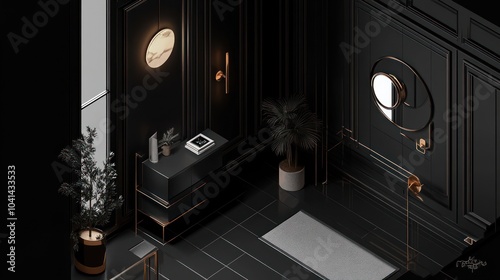 Modern black and copper bathroom interior with a minimalist design.