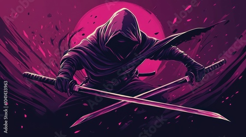 A mysterious ninja figure with crossed swords stands in front of a pink moon.
