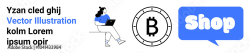 Woman sitting with laptop speech bubble with shop text and bitcoin coin in black blue, and white Ideal for online shopping cryptocurrency digital transactions web development e-commerce technology