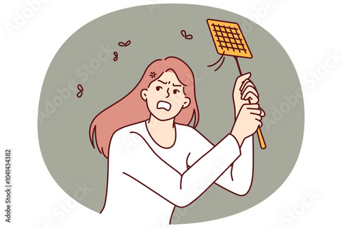 Angry woman kills mosquitoes using swatter feeling irritated due to insects disturbing sleep on summer night. Girl with swatter is annoyed by camaras and maskites and needs electric fumigator