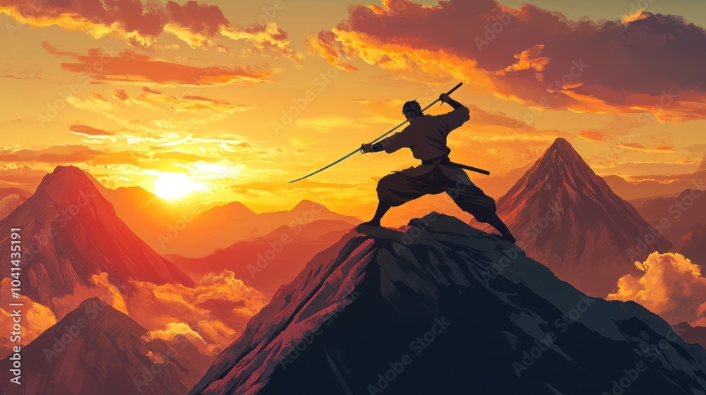 A silhouette of a samurai warrior standing on a mountain top holding a katana sword, with a rising sun and mountains in the background. A silhouette of a samurai warrior standing on a mountain top holding a katana sword, with a rising sun and mountains in the background.