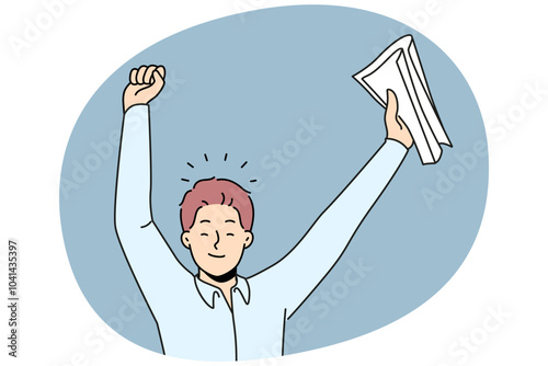 Happy businessman with papers in hands celebrating signing of successful business contract. Successful man office worker rejoice at device at vacancy with big salary and free insurance.