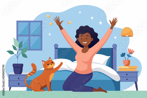 Joyful morning routine with cat in cozy bedroom scene for lifestyle design