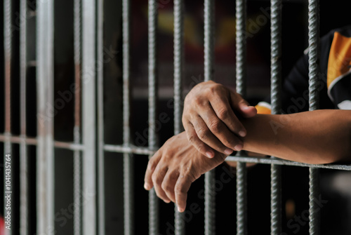 hands of a prisoner behind prison bars on black background	
