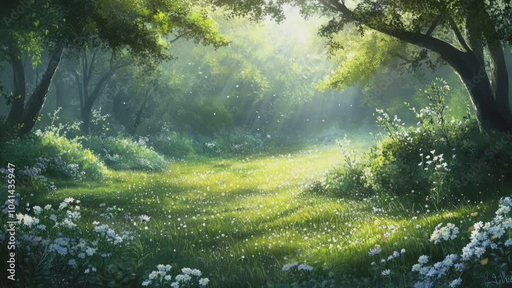 A sunlit path through a lush green forest with white flowers. Peaceful and bright. A sunlit path through a lush green forest with white flowers. Peaceful and bright.