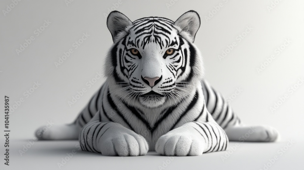 Fototapeta premium A white tiger is laying down on a white background