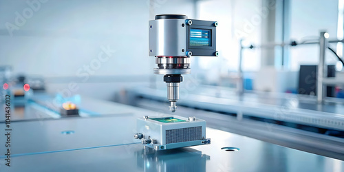 Macro Close Up AI Powered Sensor Manufacturing Equipment Copy Space - Highlighting Role Sensors Monitoring Optimizing Production in Photo Stock Concept