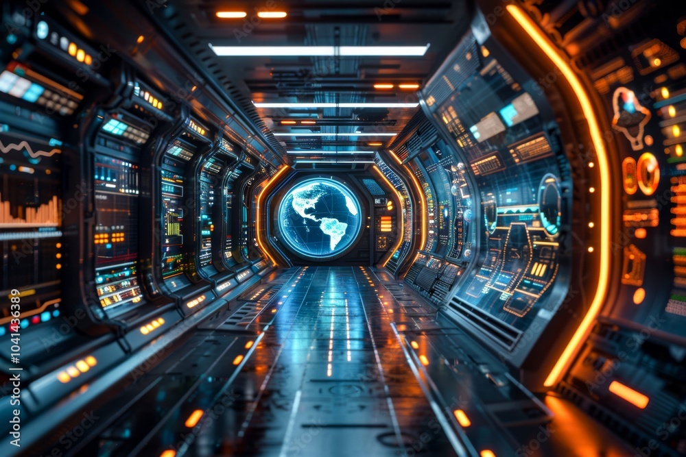 Interior shot of a high-tech research facility with futuristic design elements and interactive holographic displays Interior shot of a high-tech research facility with futuristic design elements and interactive holographic displays