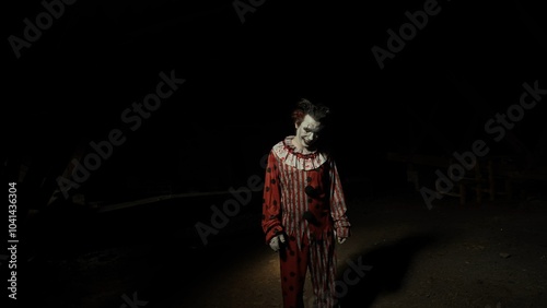 Foto Crazy killer man dressed as clown with creepy makeup standing looking at camera at attic in ruined house, Halloween thriller concept