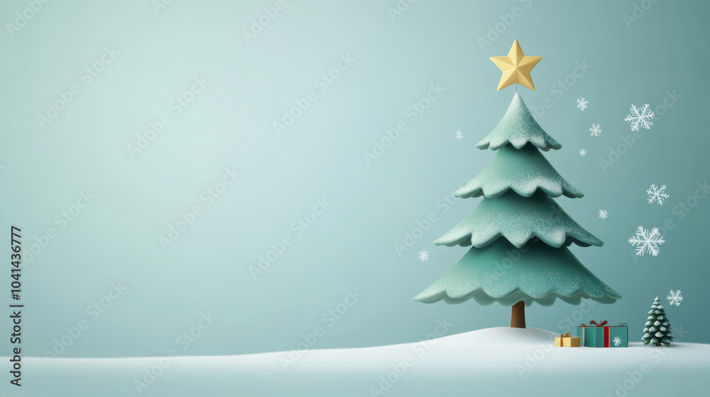 Christmas tree with star on top stands proudly against soft blue background, surrounded by delicate snowflakes and colorful gifts, evoking joyful holiday spirit Christmas tree with star on top stands proudly against soft blue background, surrounded by delicate snowflakes and colorful gifts, evoking joyful holiday spirit