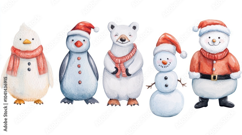 Watercolor painting of five winter animals and a snowman wearing red Santa hats.