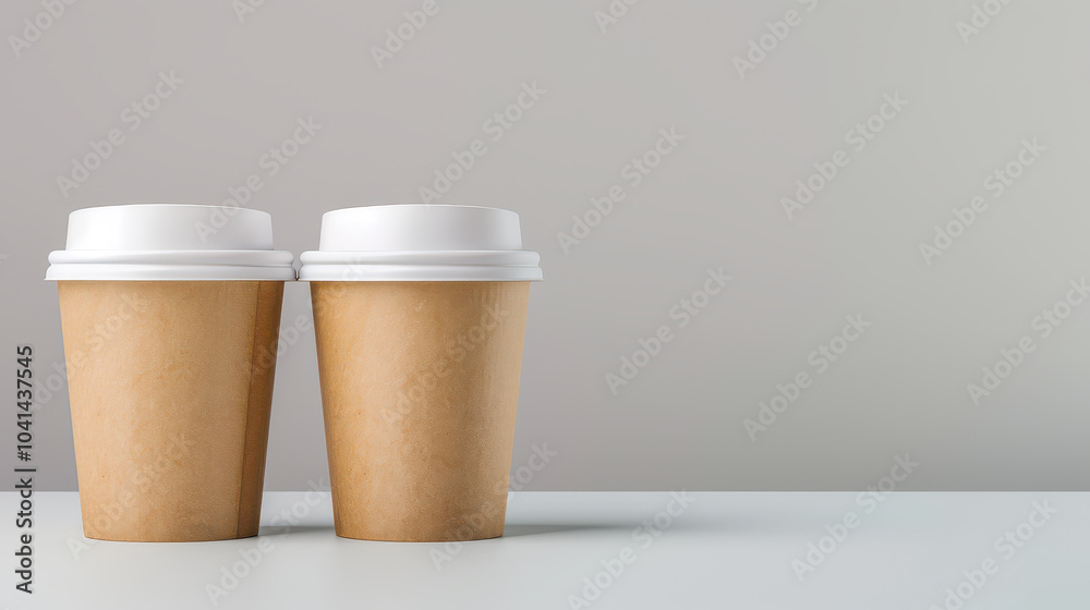 Two Coffee Cups: A minimalist image of two disposable coffee cups on a white surface against a light gray background. The cups are brown with white lids, and the image is perfect for branding. Two Coffee Cups: A minimalist image of two disposable coffee cups on a white surface against a light gray background. The cups are brown with white lids, and the image is perfect for branding.