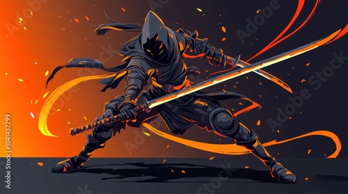 A hooded figure in black armor, wielding a glowing katana, stands against a background of orange and red flames.