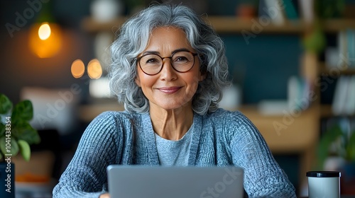 Focused middle aged woman stretching her hamstrings guided by a virtual fitness coach on her laptop in a cozy relaxing indoor environment She is actively engaged in a home based wellness routine