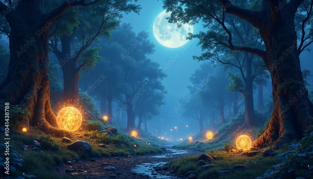 Mysterious Forest Path with Glowing Orbs Under the Full Moon