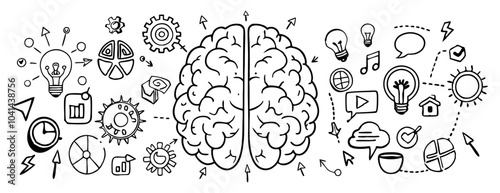 creative part vs logic part human brain infographic, hand-drawn symbols icons, creativity innovation problem-solving, learning memory wisdom perception