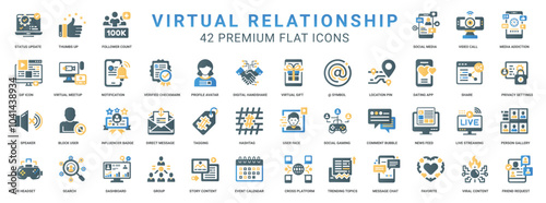 virtual relationships set flat icons, social media video calls gaming, communication network interaction