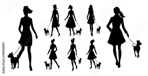 silhouettes women walking dogs dressed in variety clothing, trust obedience loyalty love