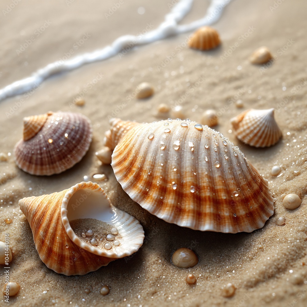 Seashells on Sandy Beach with Water Droplets Summer Vacation and Ocean Theme Seashells on Sandy Beach with Water Droplets Summer Vacation and Ocean Theme