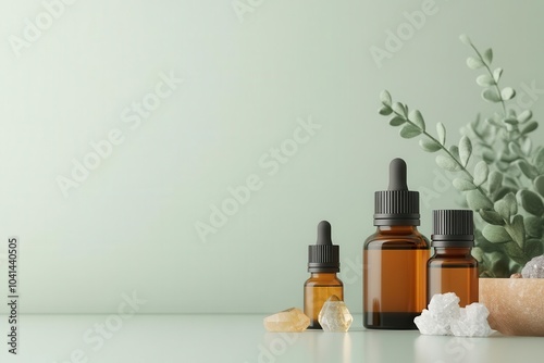 Aromatherapy setup with essential oils and healing crystals, calming atmosphere, 3D illustration