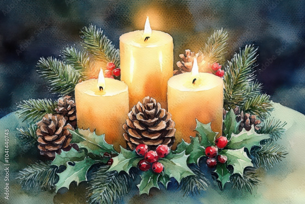 Candles glowing on a Christmas centerpiece surrounded by pine cones and holly, detailed watercolor, Christmas Centerpiece, Holiday Decor Candles glowing on a Christmas centerpiece surrounded by pine cones and holly, detailed watercolor, Christmas Centerpiece, Holiday Decor